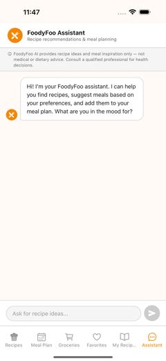 FoodyFoo Assistant chat screen with a note that it provides recipe ideas and meal inspiration only, not medical or dietary advice