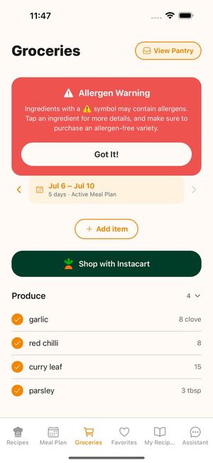 FoodyFoo Groceries screen: an allergen warning banner, the active meal plan dates, an Add item button, a Shop with Instacart button and produce items grouped by store section