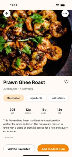 FoodyFoo recipe page for Prawn Ghee Roast showing calories, protein, carbs and fat per serving, with Add to Favorites and Add to Meal Plan buttons